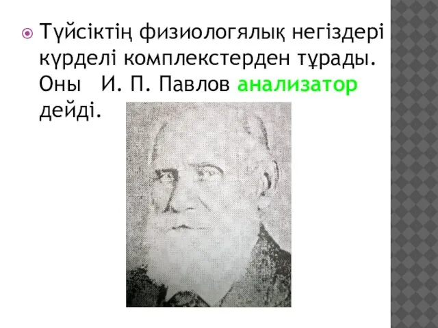 Түйсіктің физиологялық негіздері күрделі комплекстерден тұрады.Оны И. П. Павлов анализатор дейді.