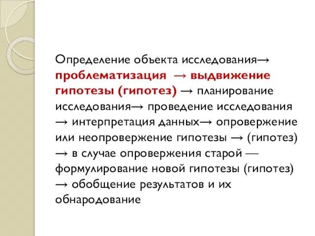 Определение объекта исследования→ проблематизация → выдвижение гипотезы (гипотез) → планирование исследования→