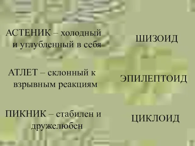 АСТЕНИК – холодный и углубленный в себя АТЛЕТ – склонный к