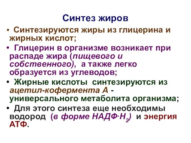 Синтез жиров Синтезируются жиры из глицерина и жирных кислот; Глицерин в