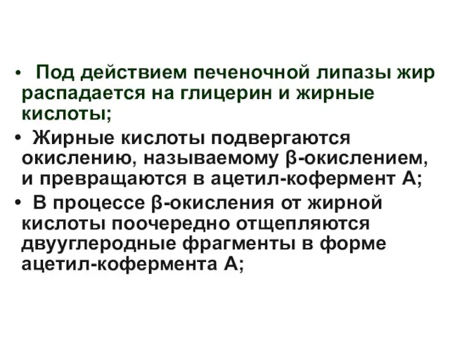 Под действием печеночной липазы жир распадается на глицерин и жирные кислоты;