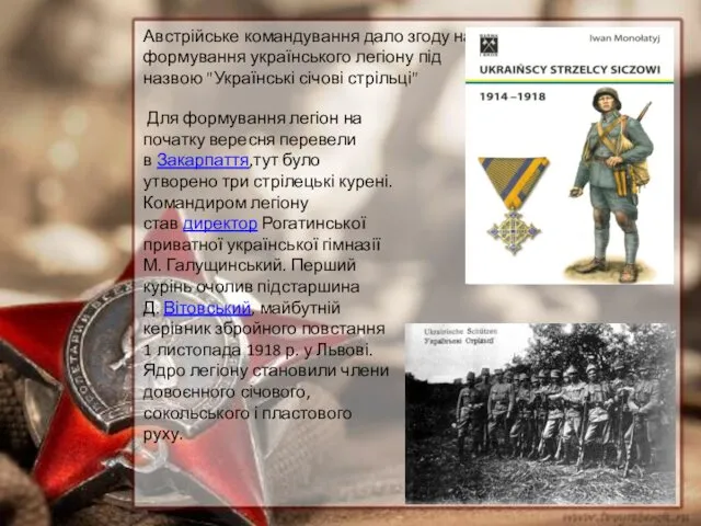 Австрійське командування дало згоду на формування українського легіону під назвою "Українські