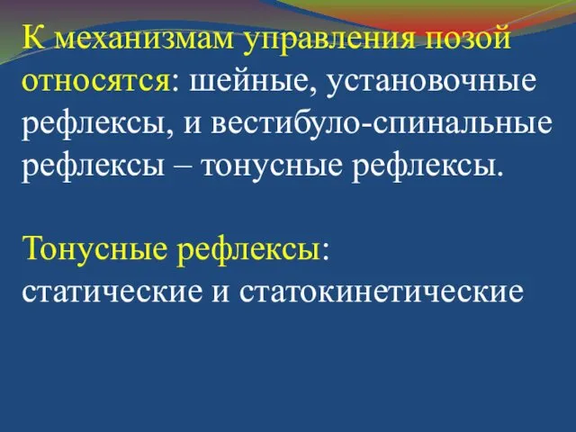 К механизмам управления позой относятся: шейные, установочные рефлексы, и вестибуло-спинальные рефлексы