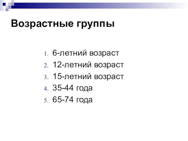 Возрастные группы 6-летний возраст 12-летний возраст 15-летний возраст 35-44 года 65-74 года