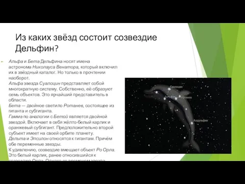 Из каких звёзд состоит созвездие Дельфин? Альфа и Бета Дельфина носят