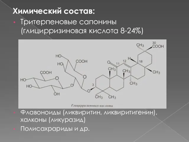 Химический состав: Тритерпеновые сапонины (глицирризиновая кислота 8-24%) Флавоноиды (ликвиритин, ликвиритигенин), халконы (ликуразид) Полисахрариды и др.