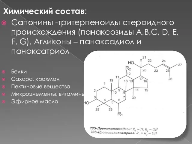 Химический состав: Сапонины -тритерпеноиды стероидного происхождения (панаксозиды А,В,С, D, E, F.