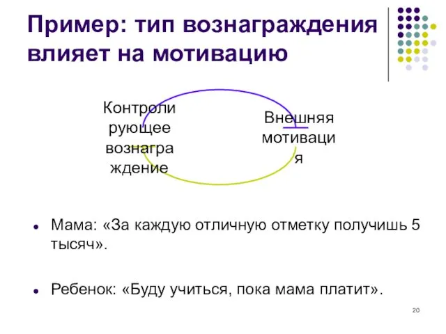 Пример: тип вознаграждения влияет на мотивацию Мама: «За каждую отличную отметку