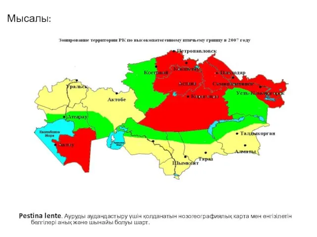 Мысалы: Pestina lente. Ауруды аудандастыру үшін қолданатын нозогеографиялық карта мен енгізілетін