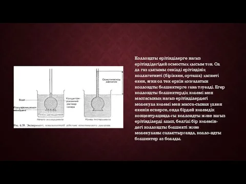Коллоидты ерітінділерге нағыз ерітіндідегідей осмостық қысым тән. Ол да газ қысымы