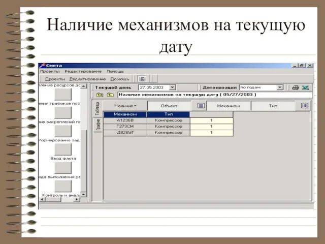 Наличие механизмов на текущую дату