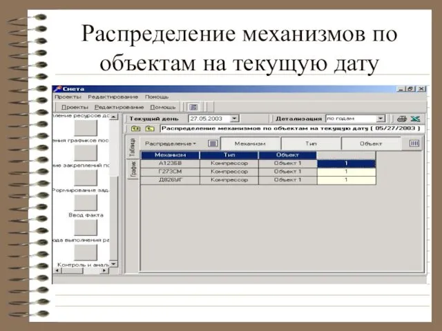 Распределение механизмов по объектам на текущую дату