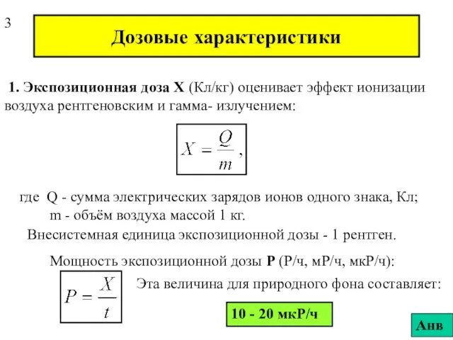 Дозовые характеристики 1. Экспозиционная доза Х (Кл/кг) оценивает эффект ионизации воздуха