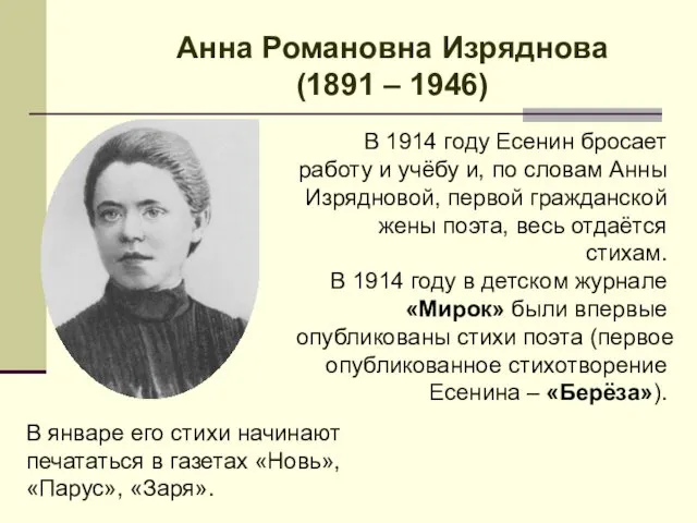 В 1914 году Есенин бросает работу и учёбу и, по словам