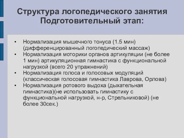 Структура логопедического занятия Подготовительный этап: Нормализация мышечного тонуса (1.5 мин) (дифференцированный