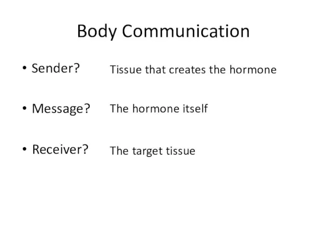 Body Communication Sender? Message? Receiver? Tissue that creates the hormone The hormone itself The target tissue