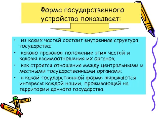 Форма государственного устройства показывает: из каких частей состоит внутренняя структура государства;