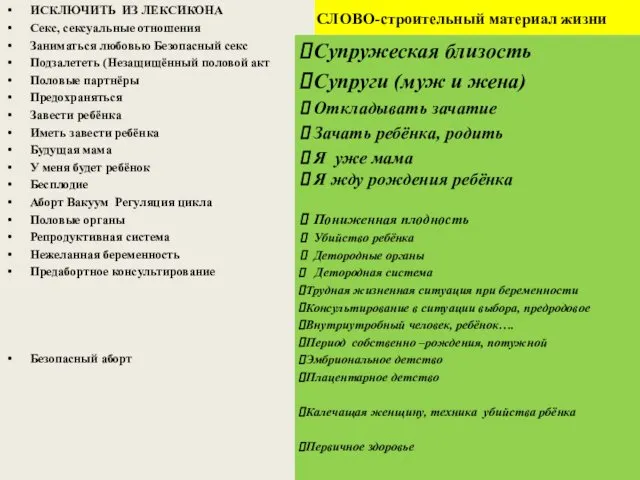 СЛОВО-строительный материал жизни ИСКЛЮЧИТЬ ИЗ ЛЕКСИКОНА Секс, сексуальные отношения Заниматься любовью