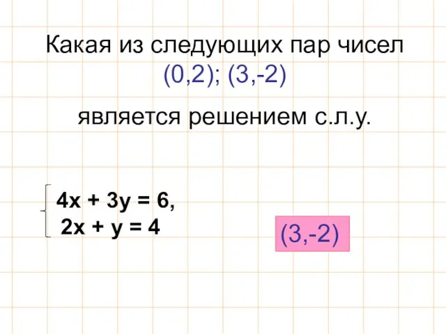 Какая из следующих пар чисел (0,2); (3,-2) является решением с.л.у. 4х