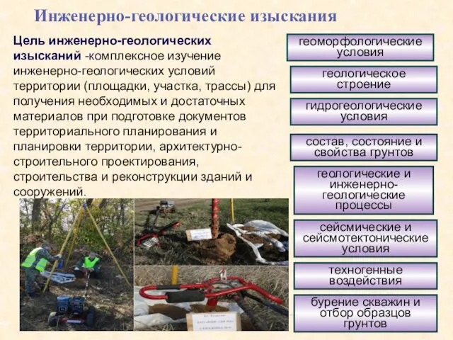 геологические и инженерно-геологические процессы Цель инженерно-геологических изысканий -комплексное изучение инженерно-геологических условий