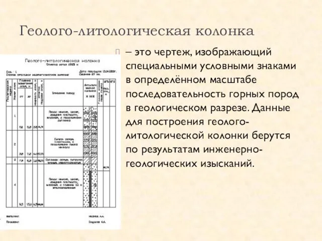 Геолого-литологическая колонка – это чертеж, изображающий специальными условными знаками в определённом