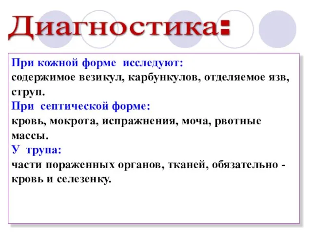 Диагностика: При кожной форме исследуют: содержимое везикул, карбункулов, отделяемое язв, струп.