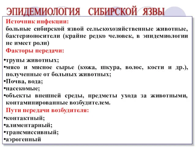 Источник инфекции: больные сибирской язвой сельскохозяйственные животные, бактерионосители (крайне редко человек,