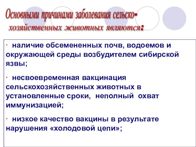 ∙ наличие обсемененных почв, водоемов и окружающей среды возбудителем сибирской язвы;