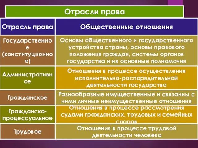 Отрасли права Отрасль права Общественные отношения Государственное (конституционное) Основы общественного и