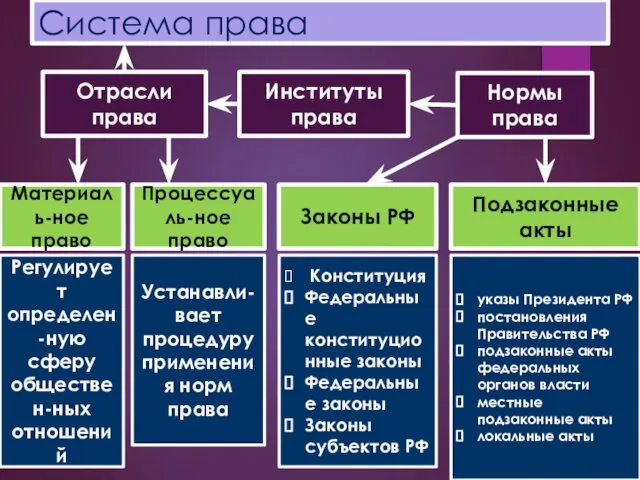 Система права Отрасли права Нормы права Институты права Материаль-ное право Законы