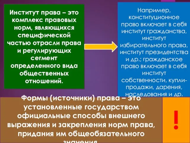 Например, конституционное право включает в себя институт гражданства, институт избирательного права,