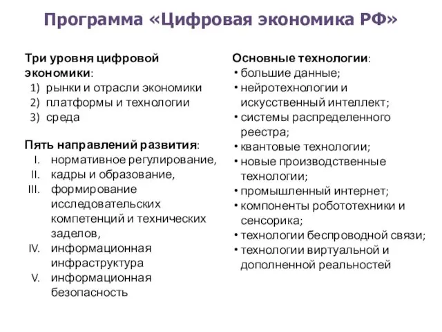 Программа «Цифровая экономика РФ» Три уровня цифровой экономики: рынки и отрасли