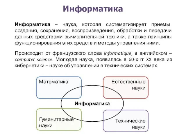 Информатика Информатика – наука, которая систематизирует приемы создания, сохранения, воспроизведения, обработки