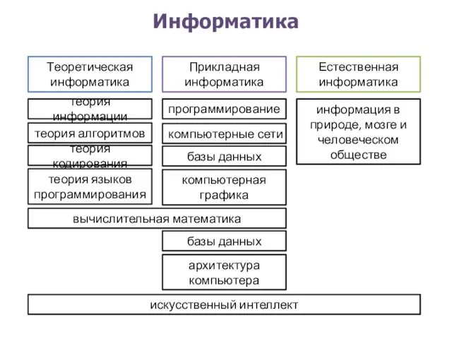 Информатика Теоретическая информатика Прикладная информатика Естественная информатика теория информации теория алгоритмов