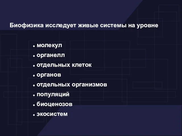 молекул органелл отдельных клеток органов отдельных организмов популяций биоценозов экосистем Биофизика исследует живые системы на уровне