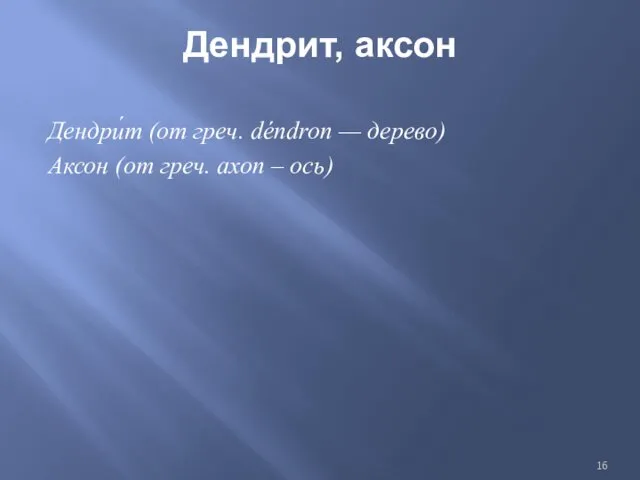 Дендрит, аксон Дендри́т (от греч. déndron — дерево) Аксон (от греч. axon – ось)