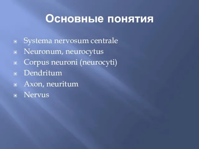 Основные понятия Systema nervosum centrale Neuronum, neurocytus Corpus neuroni (neurocyti) Dendritum Axon, neuritum Nervus