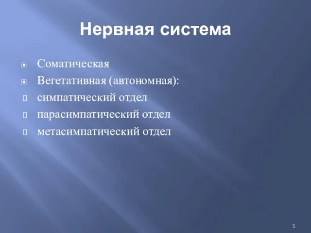 Нервная система Соматическая Вегетативная (автономная): симпатический отдел парасимпатический отдел метасимпатический отдел