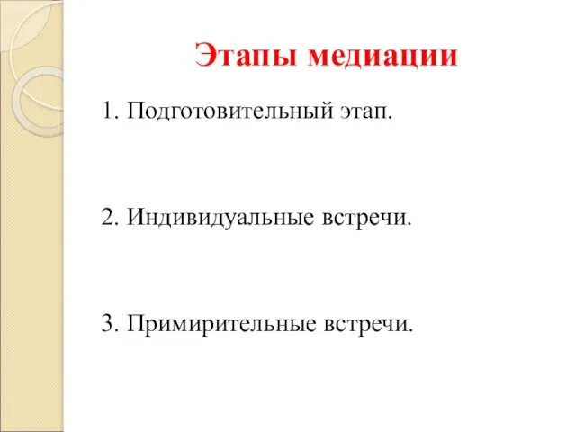 Этапы медиации 1. Подготовительный этап. 2. Индивидуальные встречи. 3. Примирительные встречи.