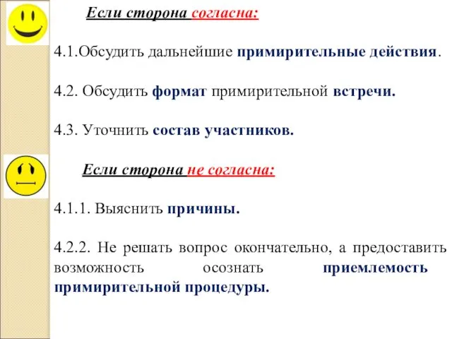 Если сторона согласна: 4.1.Обсудить дальнейшие примирительные действия. 4.2. Обсудить формат примирительной