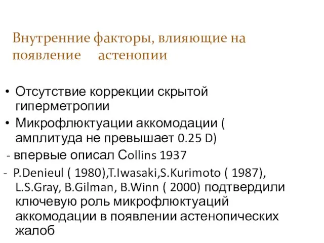 Отсутствие коррекции скрытой гиперметропии Микрофлюктуации аккомодации ( амплитуда не превышает 0.25