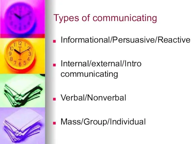 Types of communicating Informational/Persuasive/Reactive Internal/external/Intro communicating Verbal/Nonverbal Mass/Group/Individual