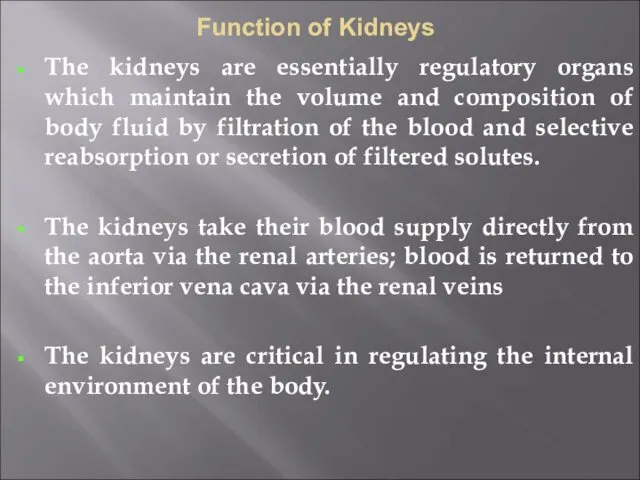 Function of Kidneys The kidneys are essentially regulatory organs which maintain