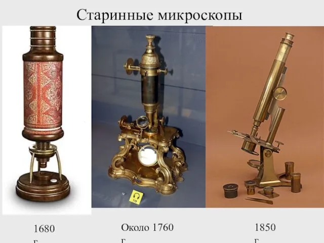 Старинные микроскопы 1680 г. Около 1760 г. 1850 г.