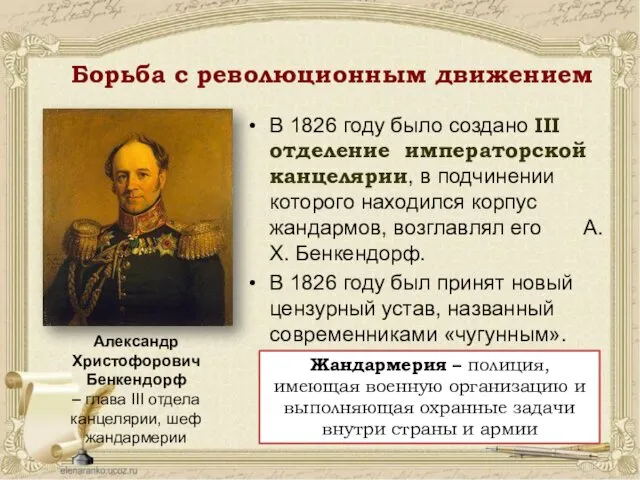 Борьба с революционным движением В 1826 году было создано III отделение