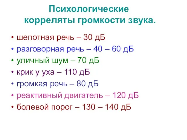 Психологические корреляты громкости звука. шепотная речь – 30 дБ разговорная речь