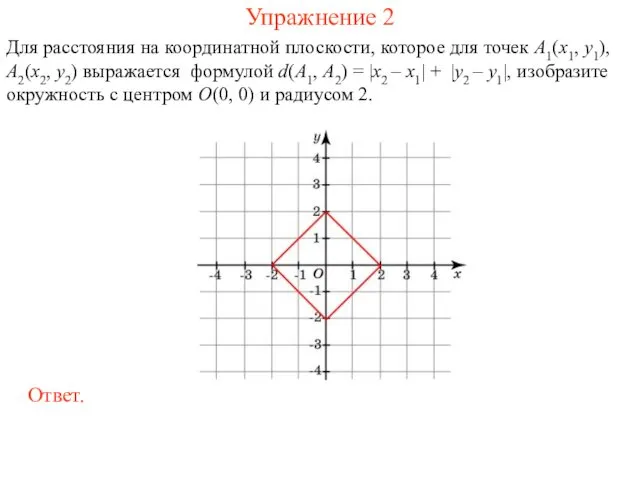 Упражнение 2 Для расстояния на координатной плоскости, которое для точек A1(x1,