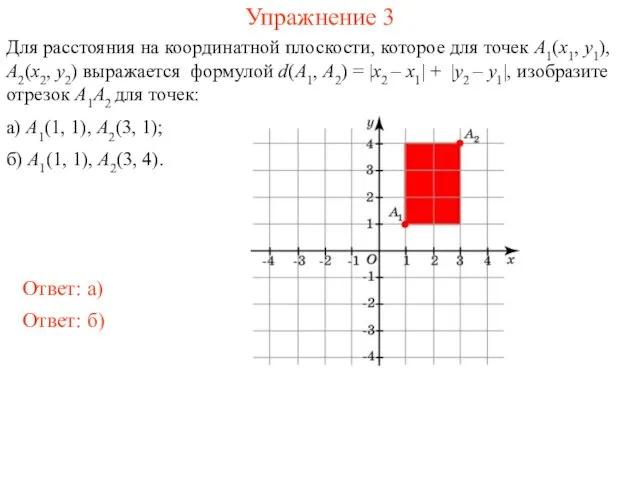 Упражнение 3 Для расстояния на координатной плоскости, которое для точек A1(x1,