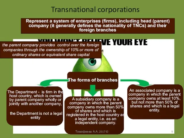 Transnational corporations Represent a system of enterprises (firms), including head (parent)