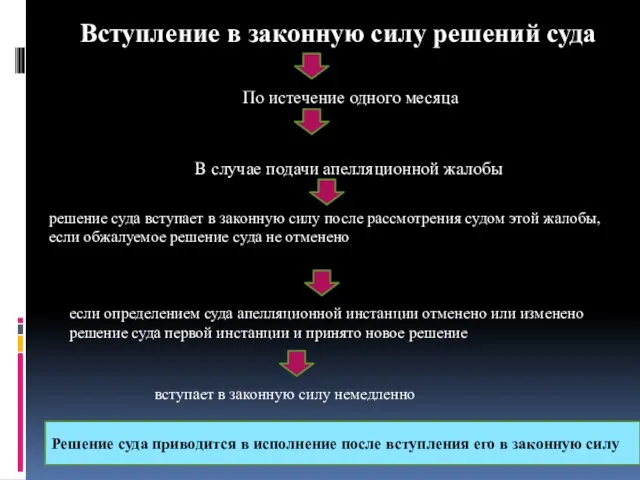 Вступление в законную силу решений суда По истечение одного месяца решение